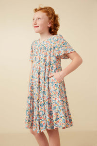 GY7273 Off White Girls Ditsy Floral Flutter Sleeve Tiered Dress Side