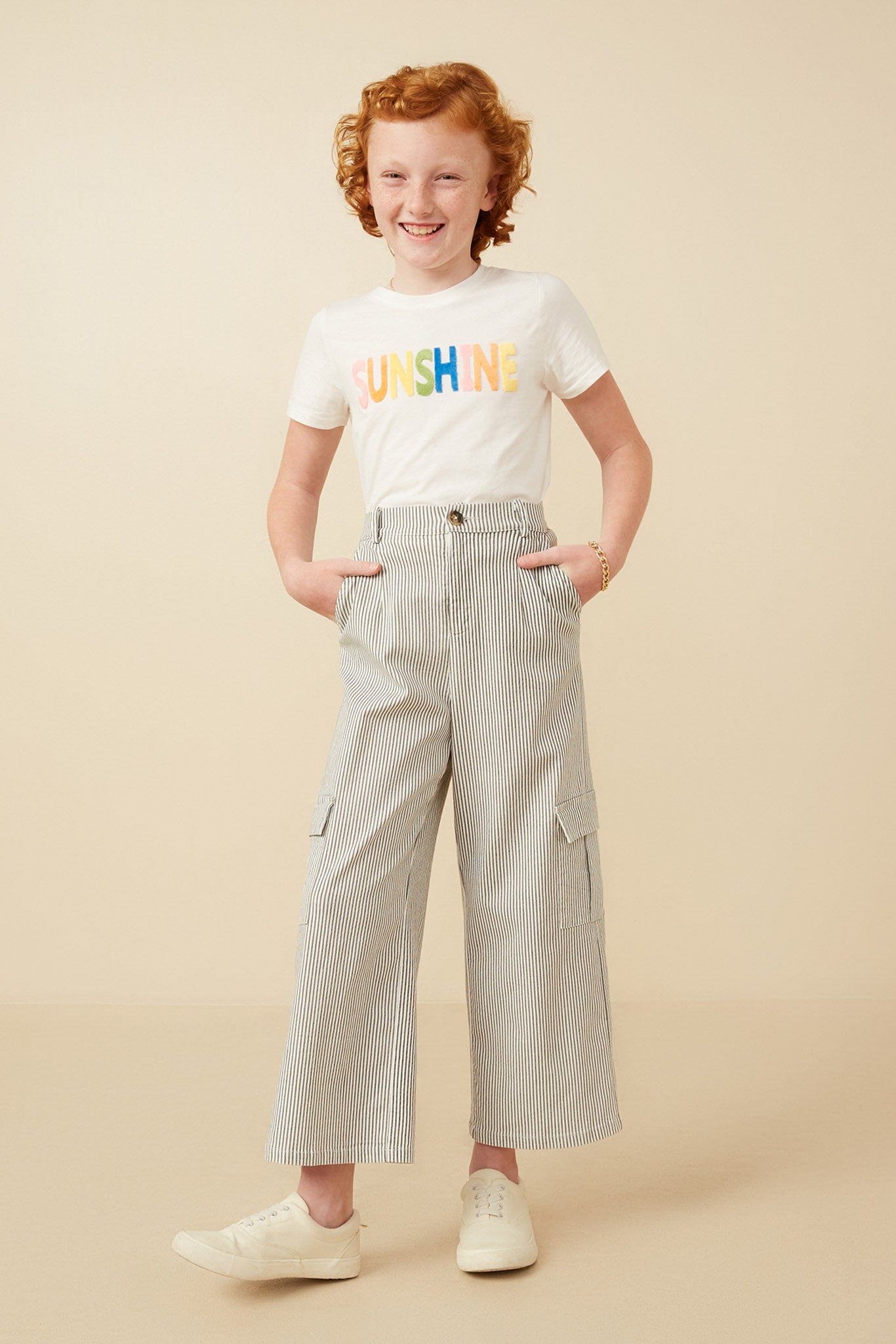 GY7276 Grey Girls Stretchy Pinstripe Cargo Carpenter Pants Full  Body