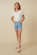 GY7280 Blue Girls Floral Printed Distressed Denim Shorts Ful Body