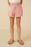 GY7280 Pink Girls Floral Printed Distressed Denim Shorts Front