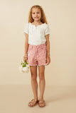 GY7280 Pink Girls Floral Printed Distressed Denim Shorts Full Body