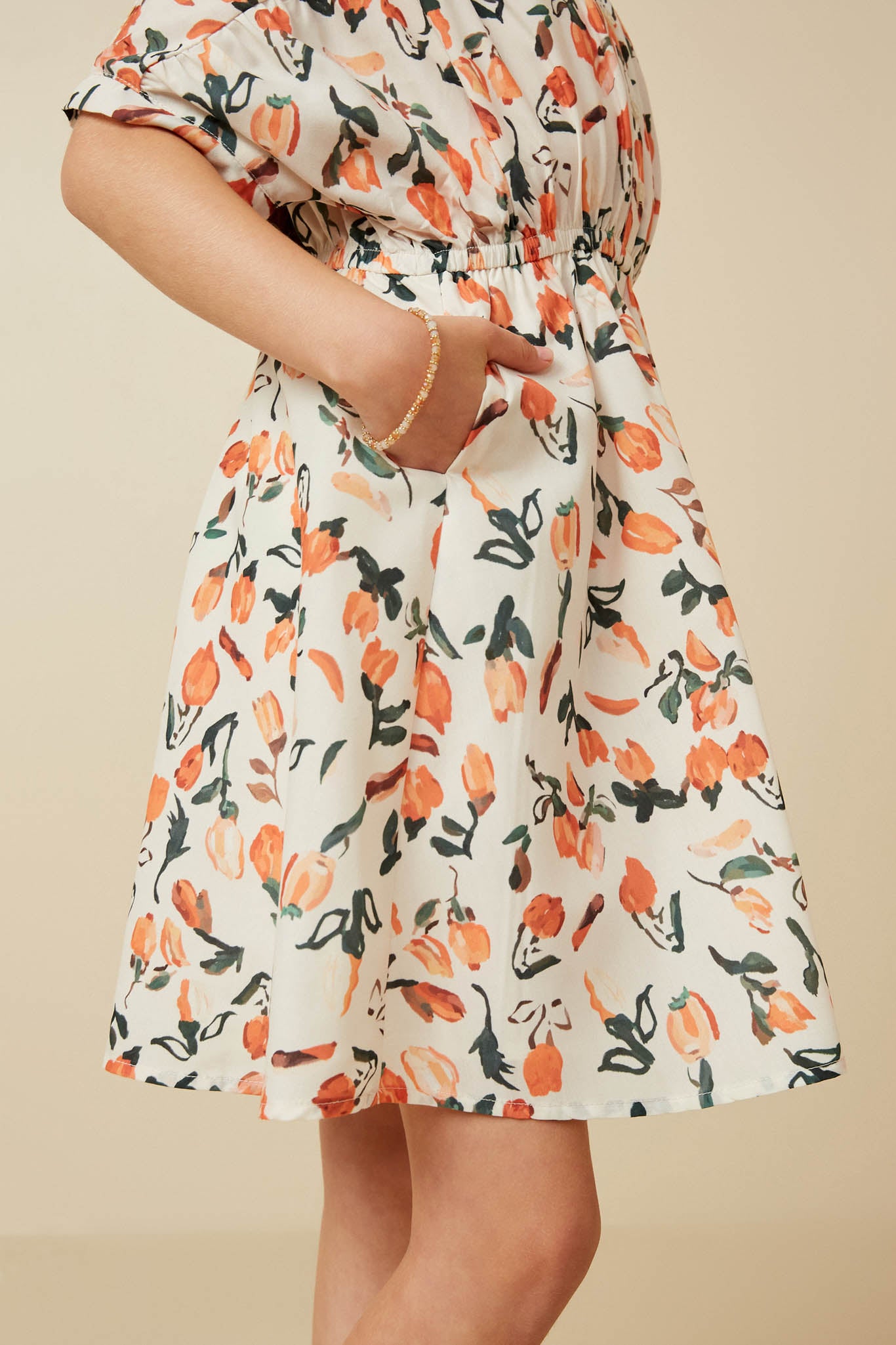 GY7281 Taupe Girls Tulip Print Dolman Sleeve Collared Dress Side