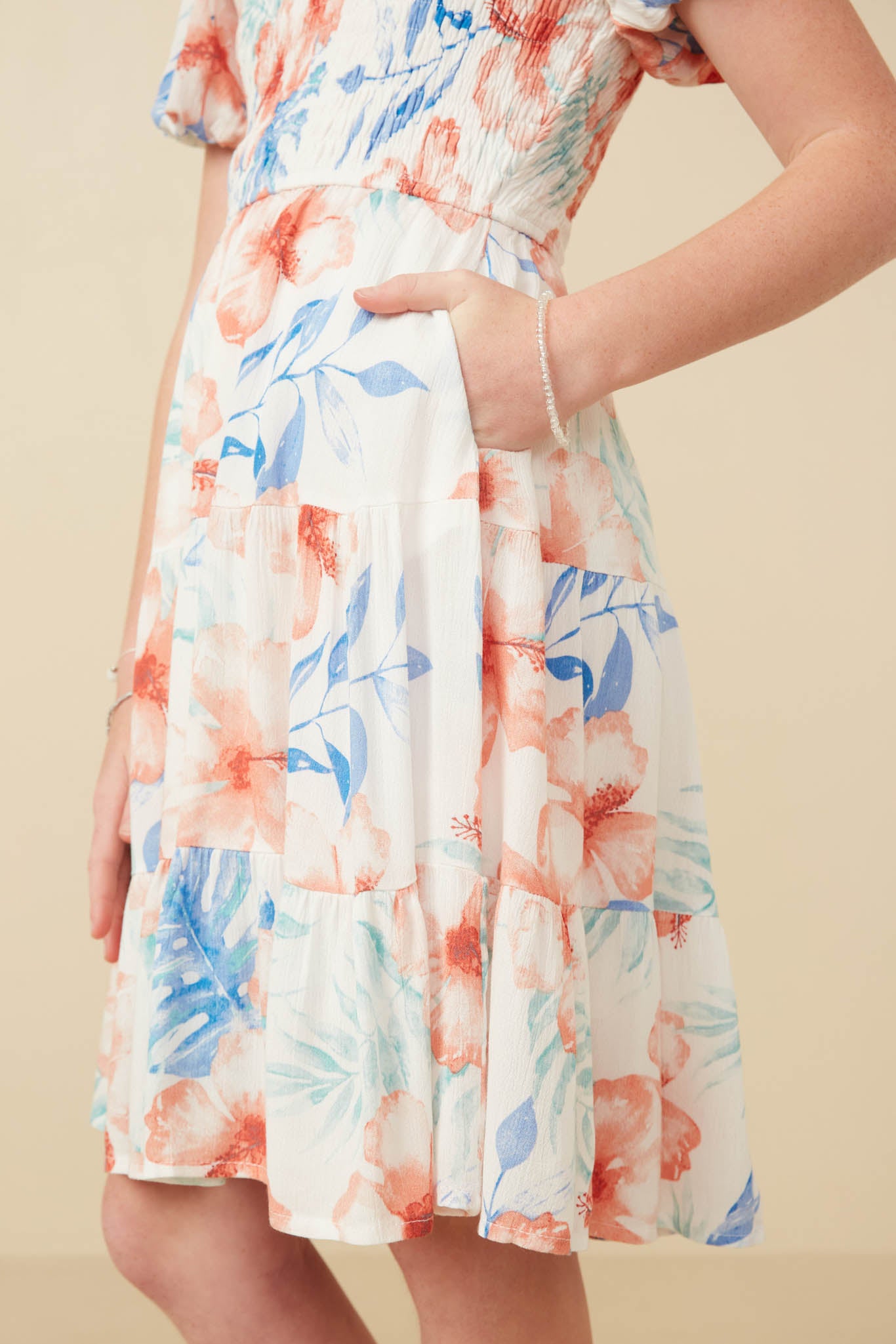 GY7284 Off White Girls Textured Romantic Floral Smocked Puff Sleeve Dress Side