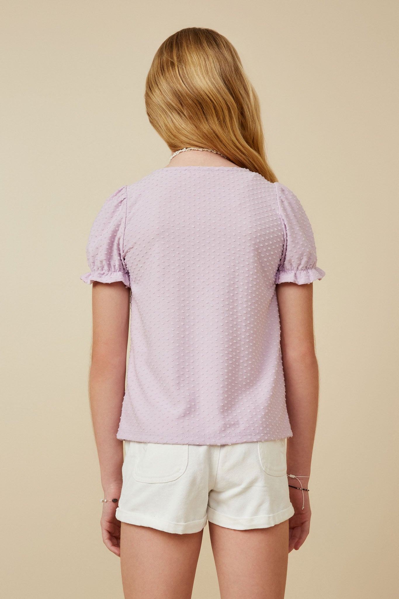 GY7290 Lavender Girls Knit Swiss Dot Square Neck Tee Back