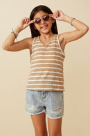 GY7294 Taupe Girls Cable Textured Striped Knit V Neck Tank Front