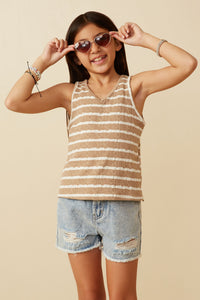 GY7294 Taupe Girls Cable Textured Striped Knit V Neck Tank Front