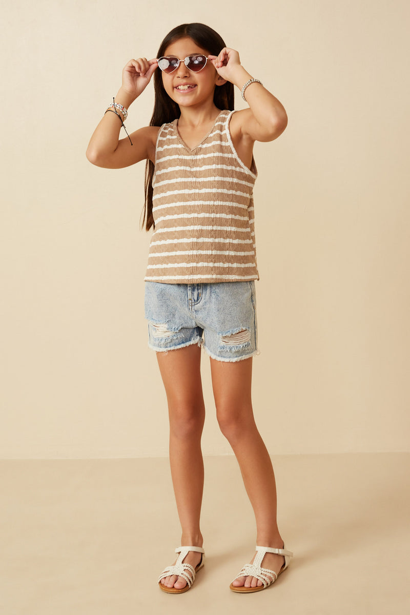 GY7294 Taupe Girls Cable Textured Striped Knit V Neck Tank Full Body