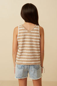 GY7294 Taupe Girls Cable Textured Striped Knit V Neck Tank Back
