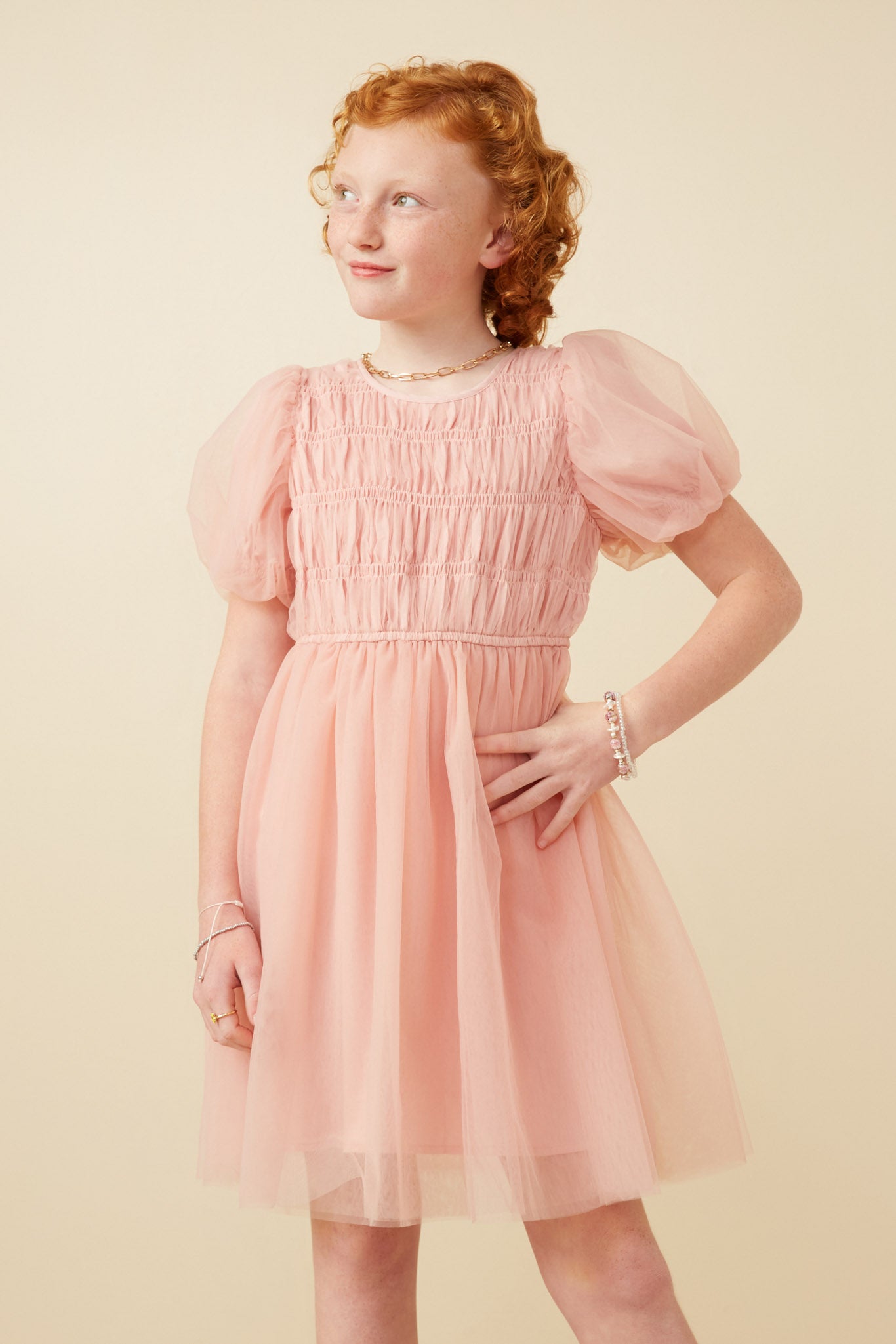 Smocked Puff Sleeve Mesh Dress