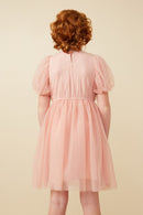 GY7301 Blush Girls Smocked Puff Sleeve Mesh Dress Back