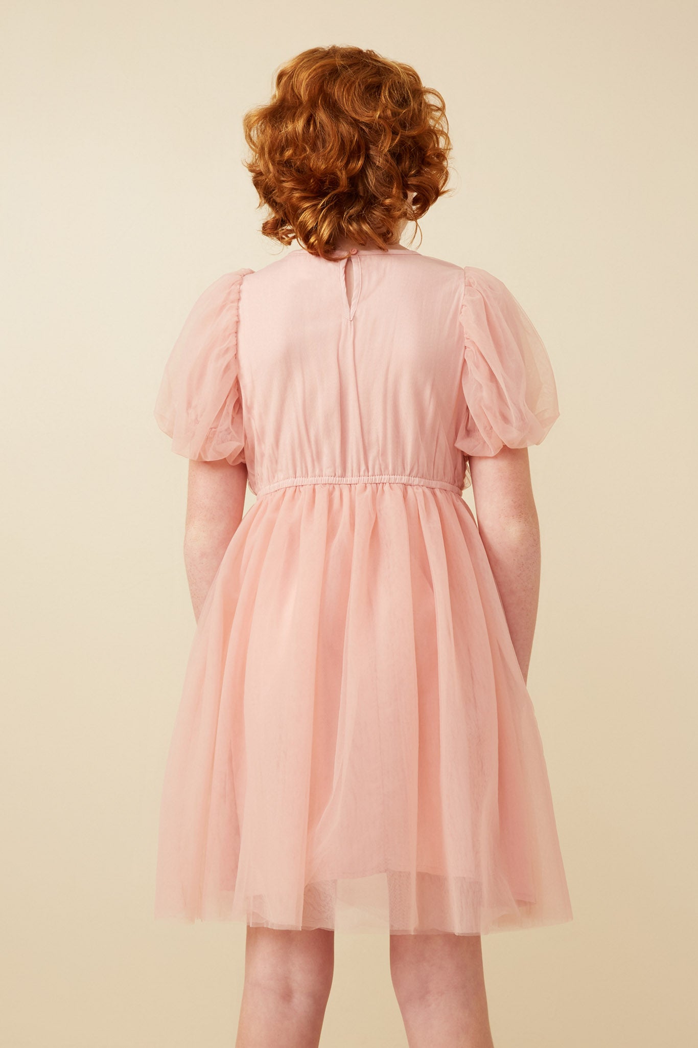 GY7301 Blush Girls Smocked Puff Sleeve Mesh Dress Back