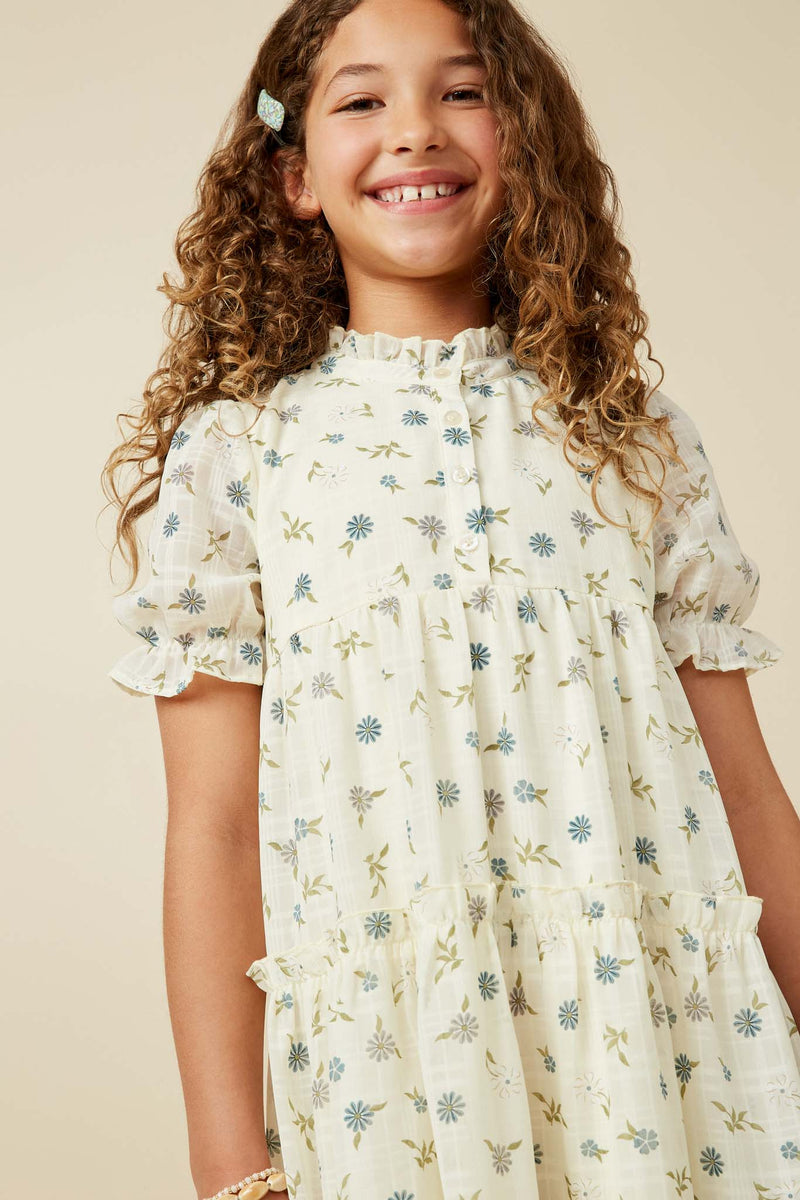 GY7303 Cream Girls Linen Texured Ruffled Ditsy Floral Dress Front