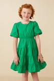 GY7309 Kelly Green Girls Bow Back Puff Sleeve Poplin Dress Front