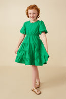 GY7309 Kelly Green Girls Bow Back Puff Sleeve Poplin Dress Pose
