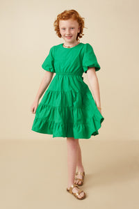 GY7309 Kelly Green Girls Bow Back Puff Sleeve Poplin Dress Pose