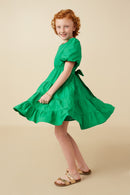 GY7309 Kelly Green Girls Bow Back Puff Sleeve Poplin Dress Side