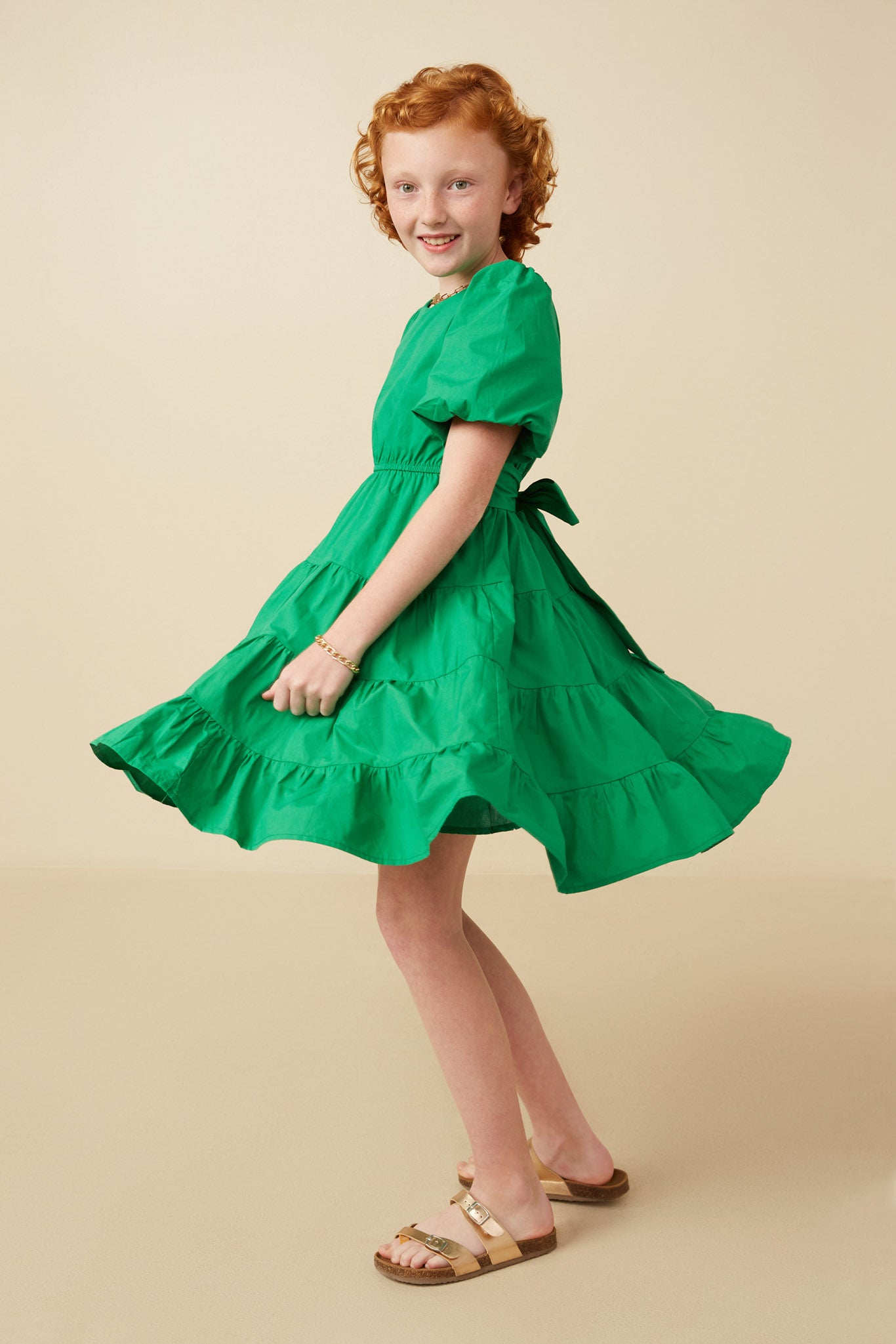 GY7309 Kelly Green Girls Bow Back Puff Sleeve Poplin Dress Side