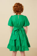 GY7309 Kelly Green Girls Bow Back Puff Sleeve Poplin Dress Back