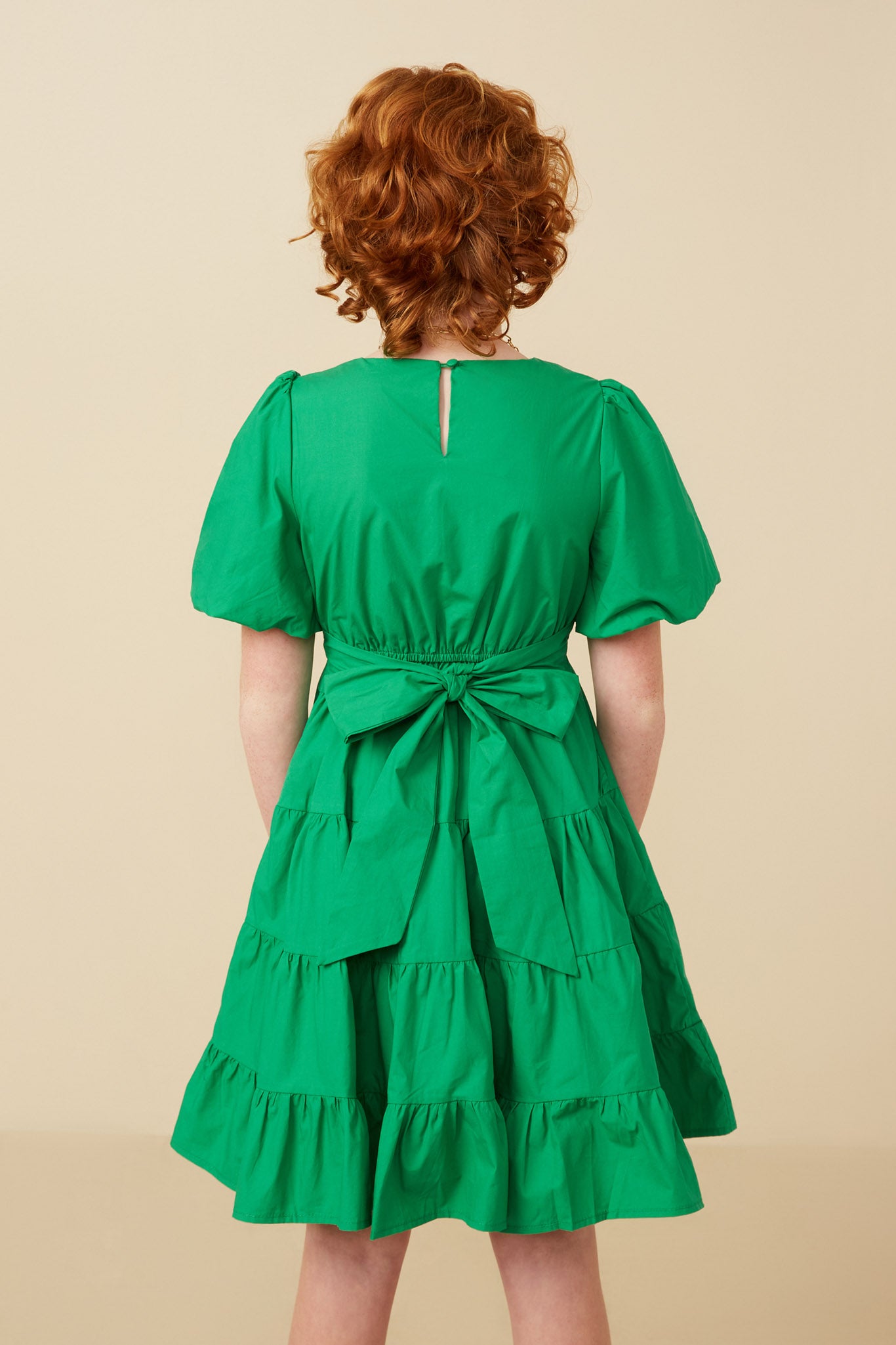 GY7309 Kelly Green Girls Bow Back Puff Sleeve Poplin Dress Back