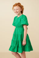 GY7309 Kelly Green Girls Bow Back Puff Sleeve Poplin Dress Side 2