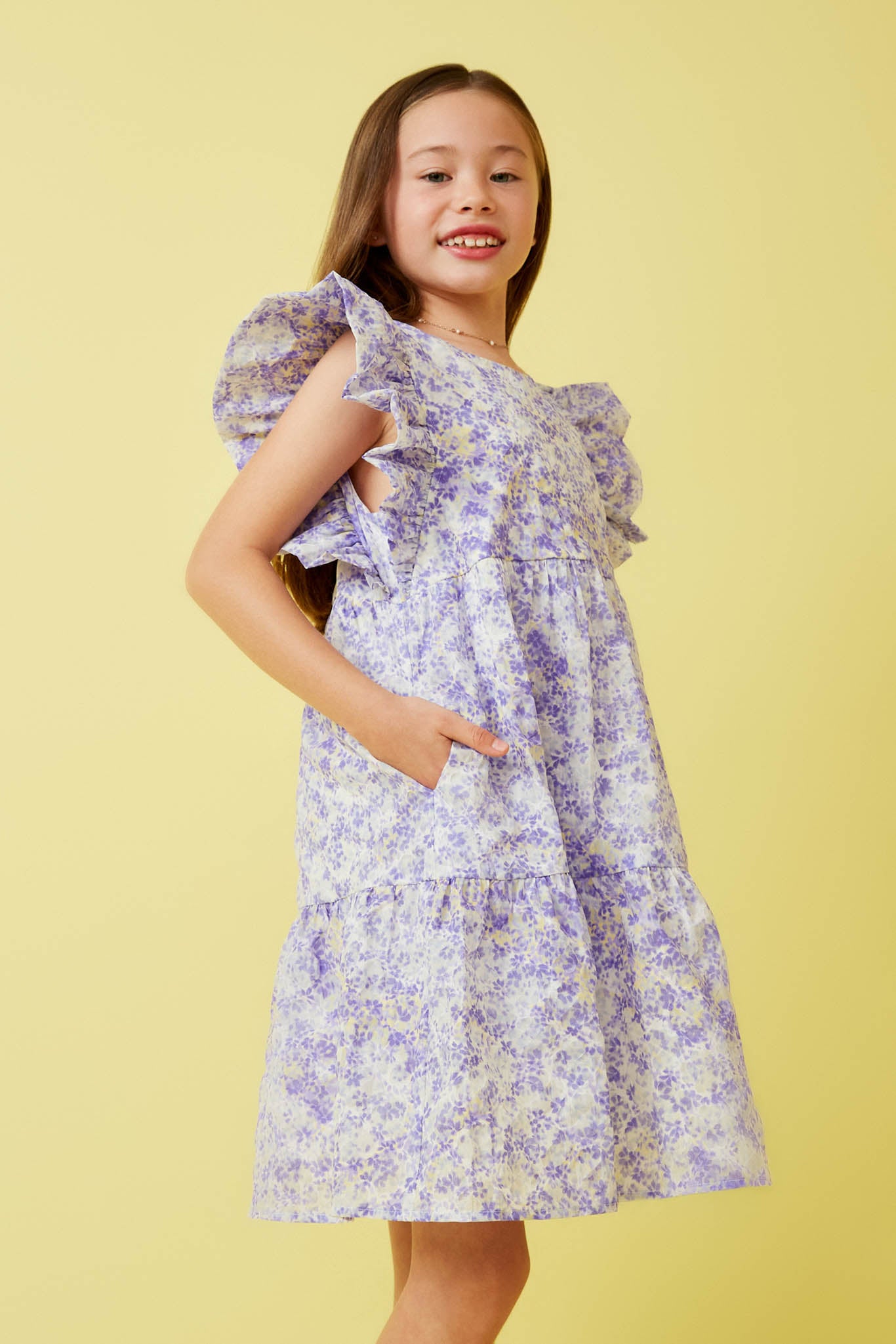 GY7313 Lavender Girls Ditsy Floral Exaggerated Ruffle Sleeve Dress Pose