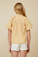 GY7314 Yellow Girls Striped Puff Sleeve Button Up Poplin Shirt Back