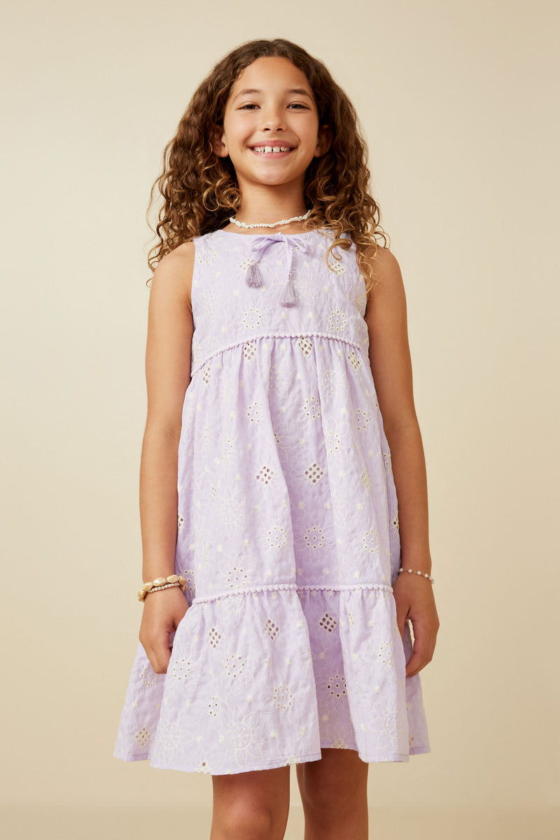 GY7320 Lavender Girls Floral Crochet And Lace Detail Tank Dress Front