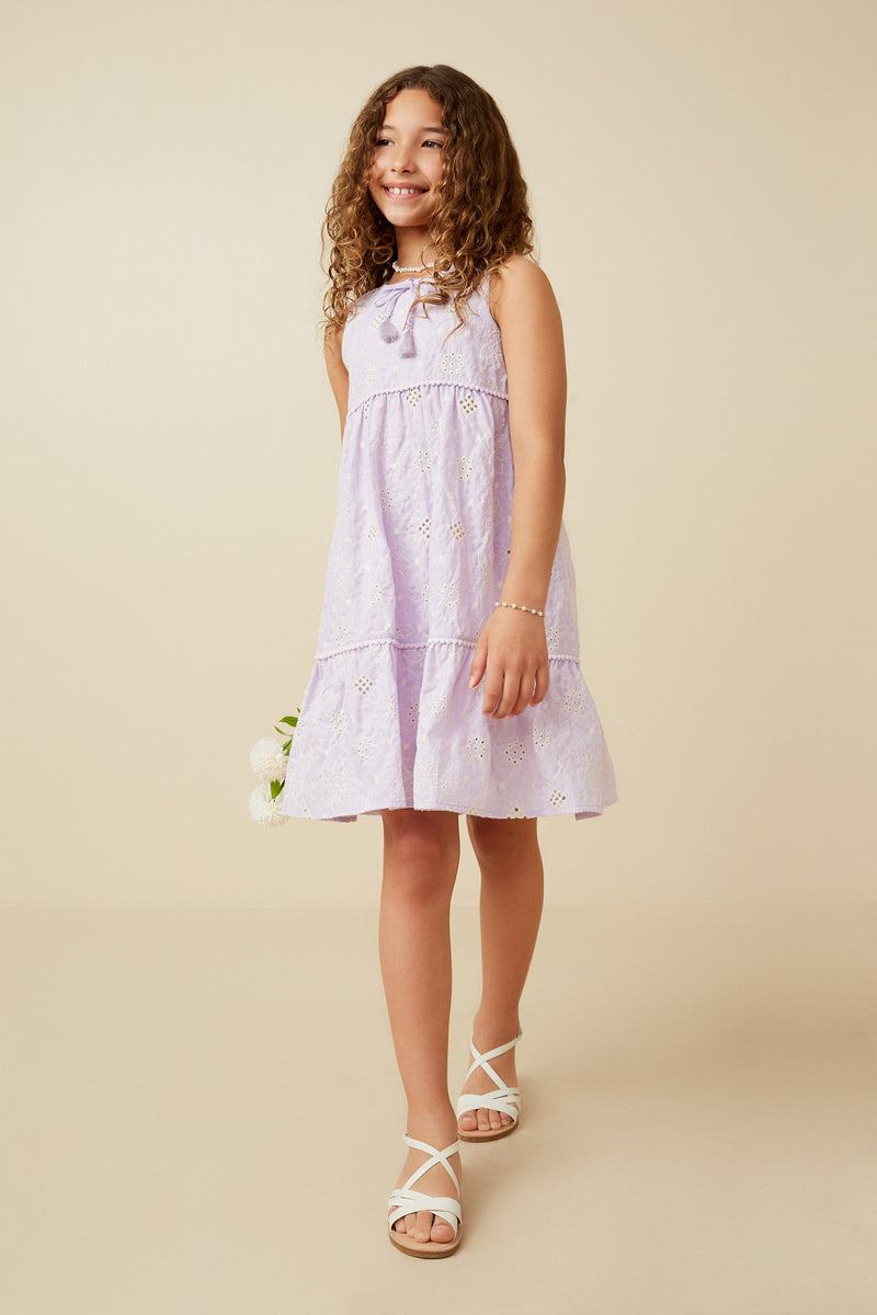 GY7320 Lavender Girls Floral Crochet And Lace Detail Tank Dress Full Body