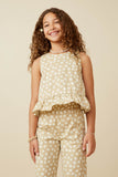 GY7326 Beige Girls Floral Button Back Ruffled Hem Tank Front