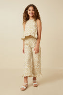 GY7326 Beige Girls Floral Button Back Ruffled Hem Tank Full Body