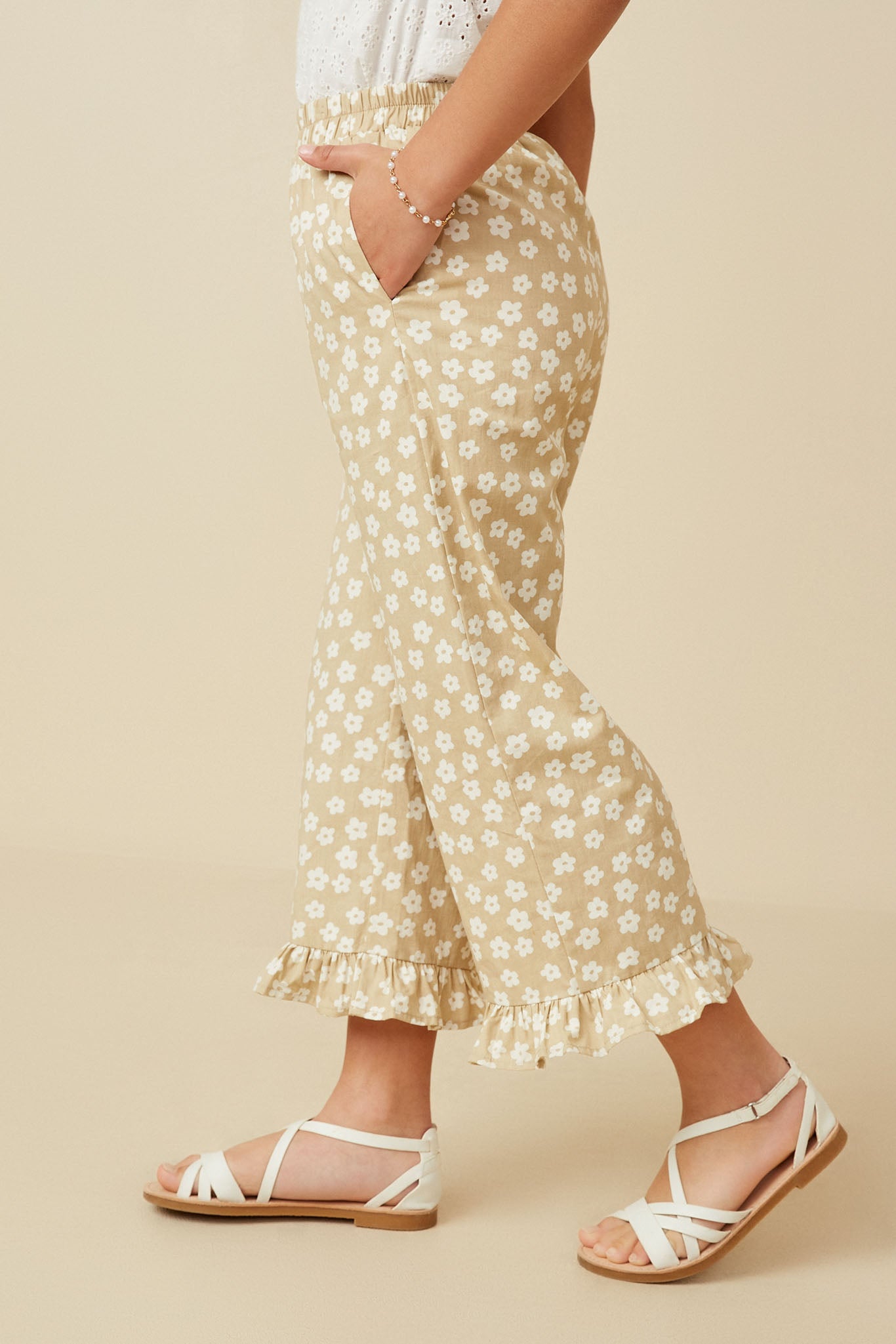 Floral Elastic Waist Ruffle Hem Pants