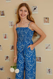 GY7331 Blue Mix Girls Ditsy Botanical Print Smocked Wide Leg Jumpsuit Front