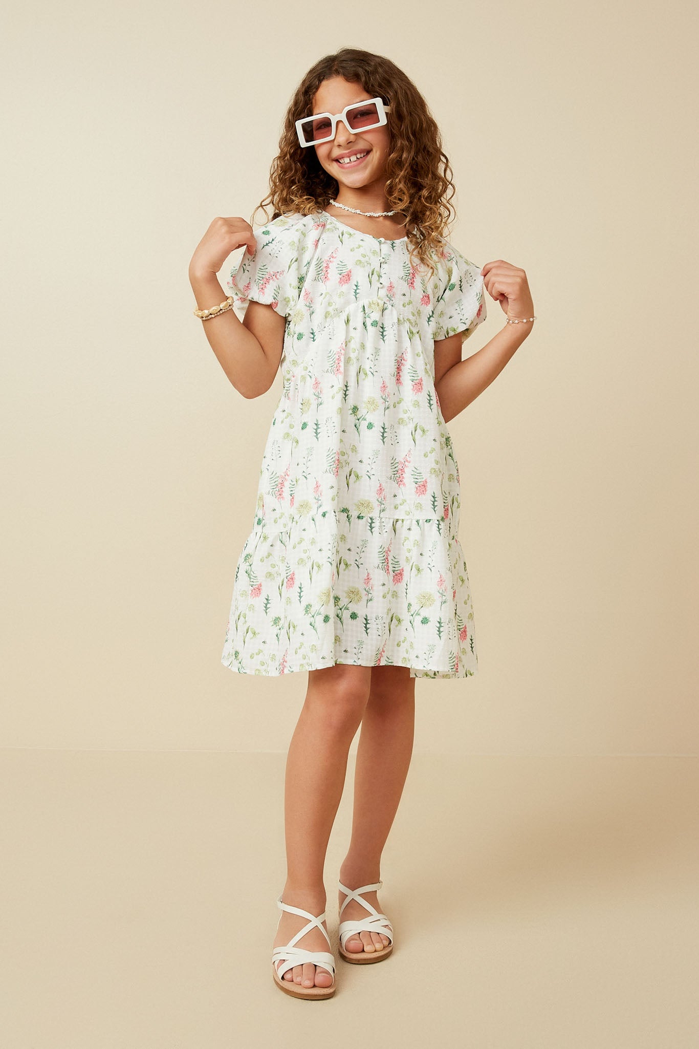 Textured Floral Button Detail Bubble Sleeve Dress