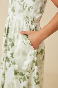 GY7339 Sage Girls Satin Floral Smocked Back Tank Dress Detail