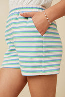 GY7351 Pink Mix Girls Multi Stripe Waffle Knit Elastic Waist Shorts Detail