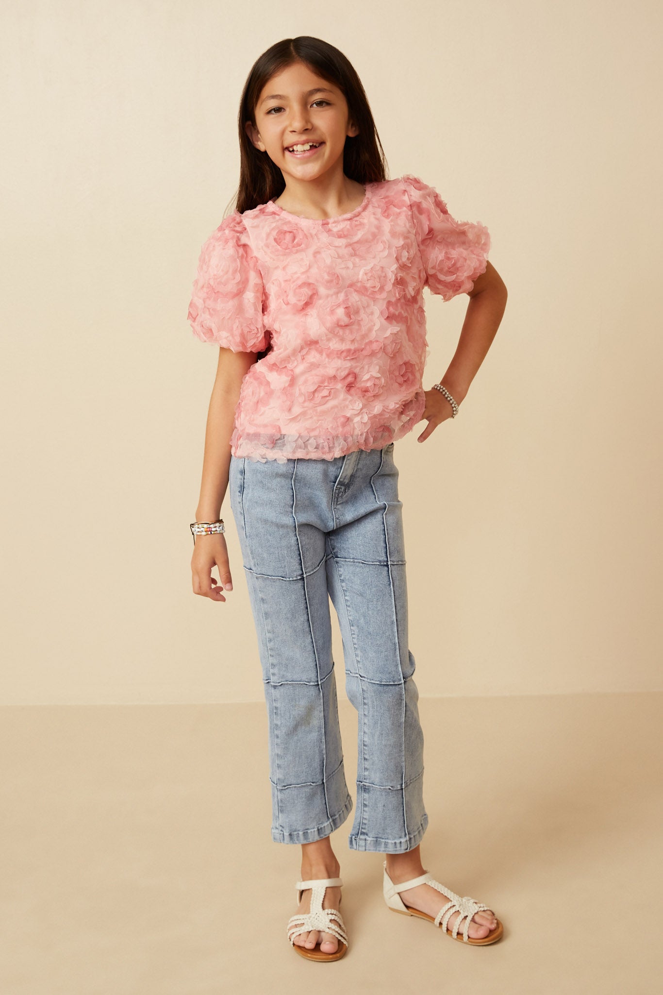 Floral Textured Puff Sleeve Organza Top