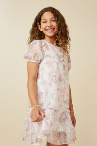 GY7360 Pink Girls Soft Organza Floral Ruffle Detail Dress Pose