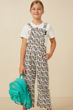 GY7366 Off White Girls Brushed Floral Print Straight Leg Overalls Full Body