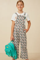 GY7366 Off White Girls Brushed Floral Print Straight Leg Overalls Full Body