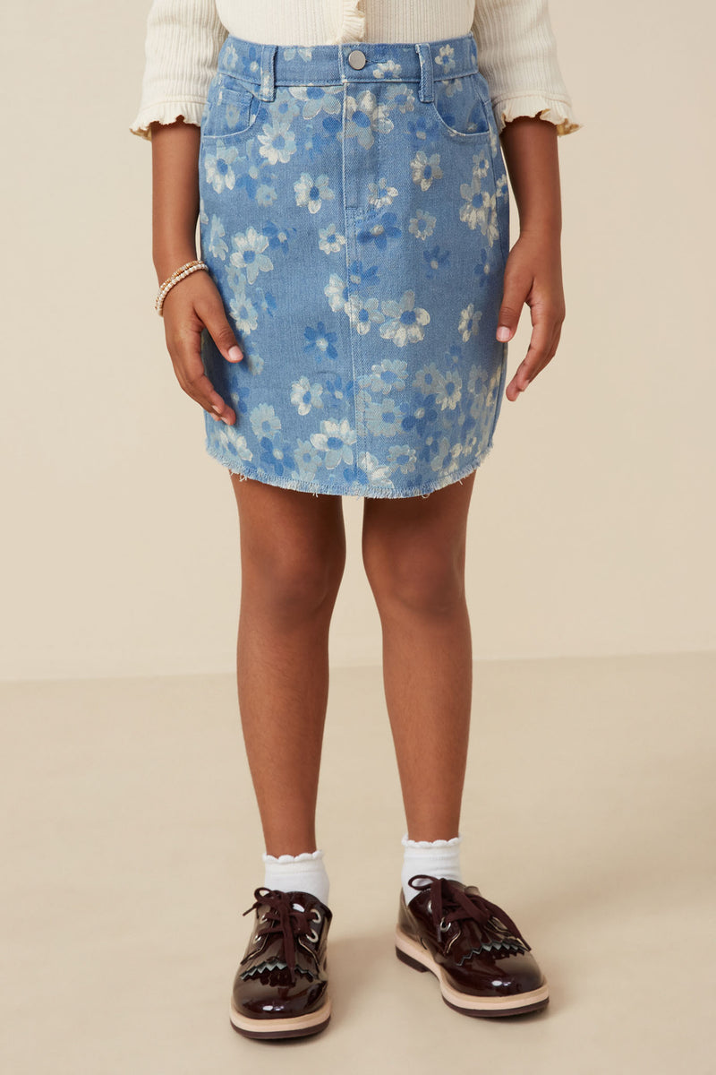 GY7369 Light Denim Girls Floral Printed Denim Skirt Front