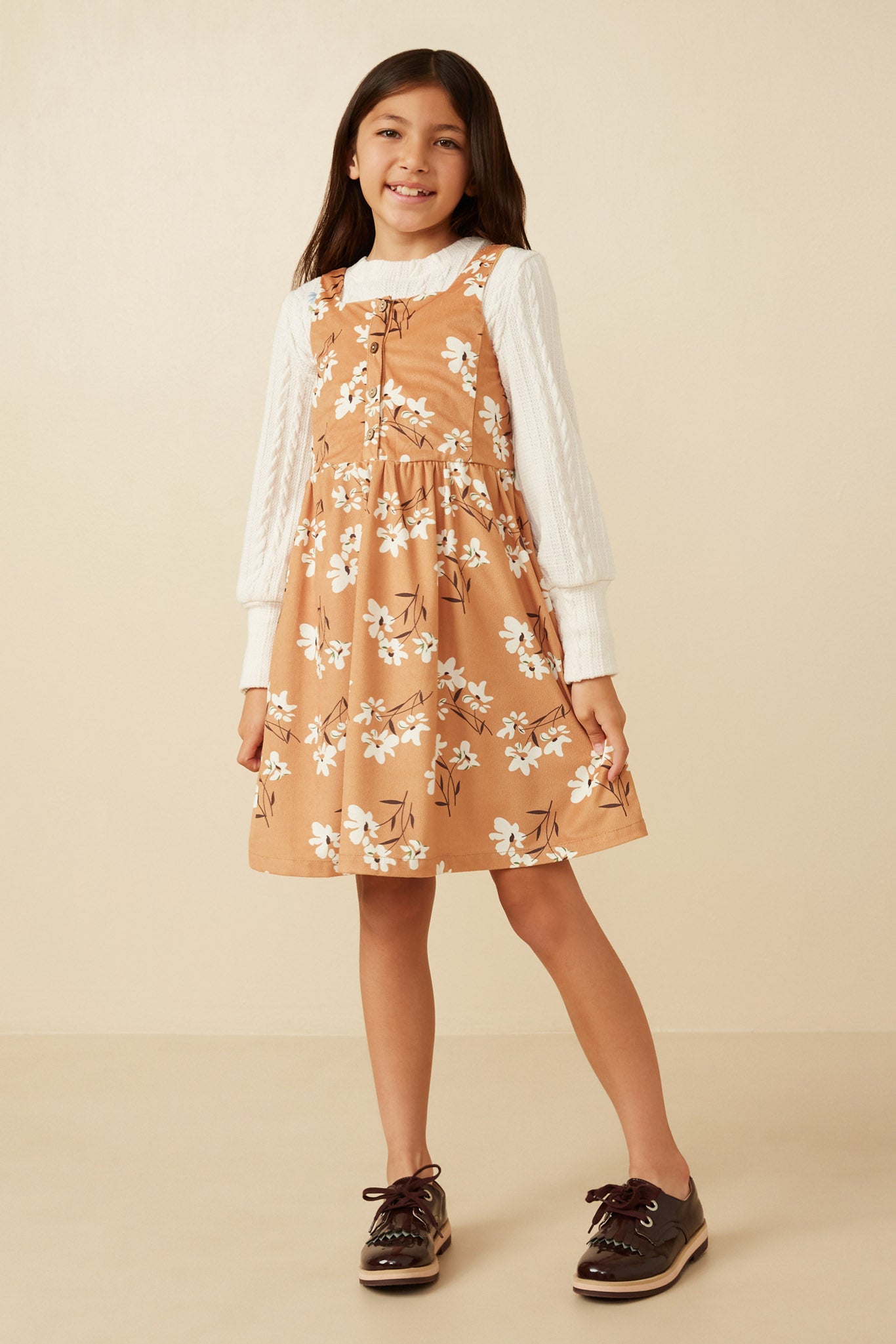 Button Detail Floral Print Corduroy Dress