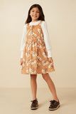 Girls Button Detail Floral Print Corduroy Dress Full Body