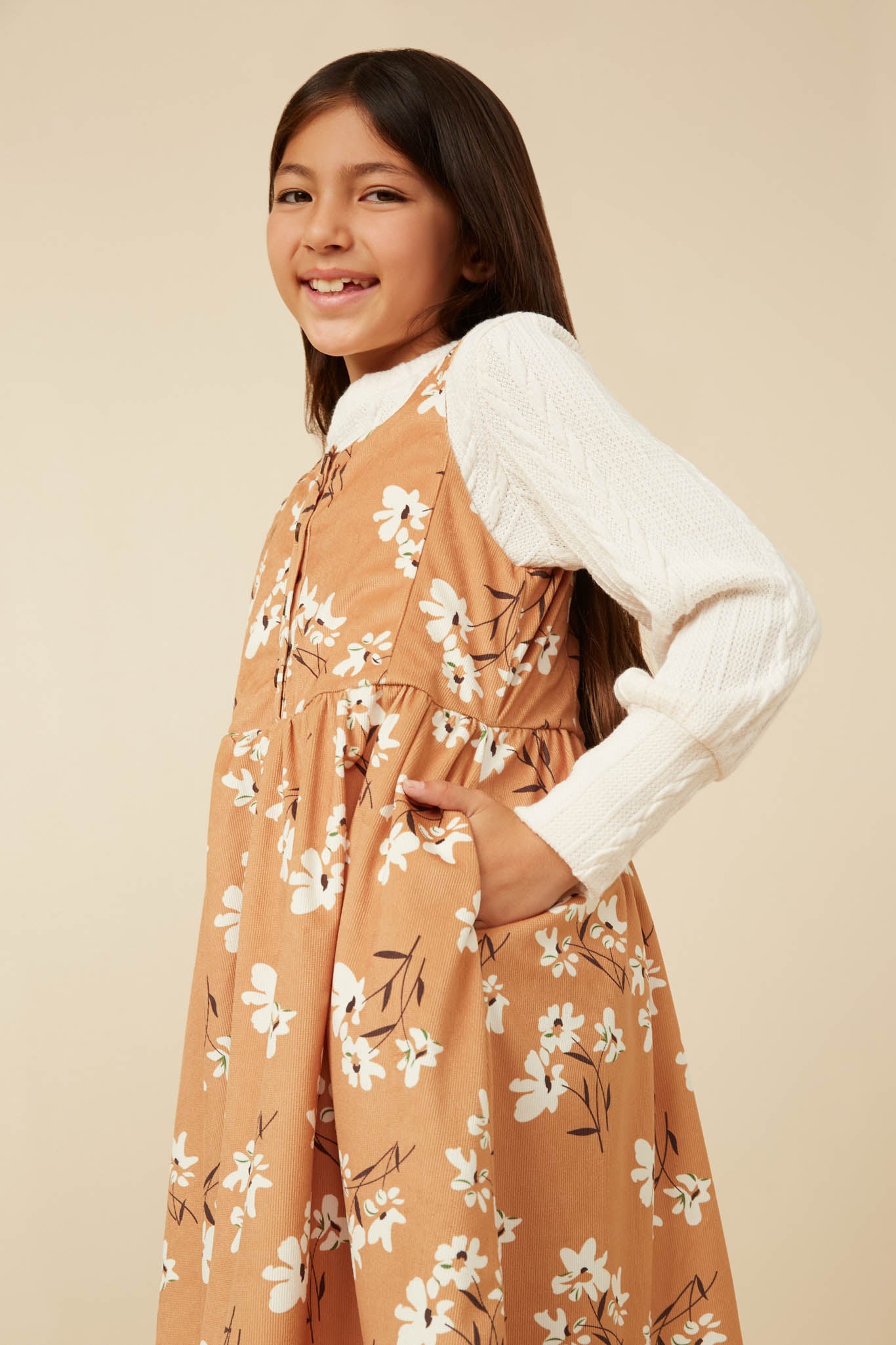 Floral Detail Button Corduroy Dress For Girls