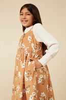 Girls Button Detail Floral Print Corduroy Dress Side