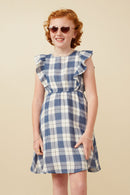 GY7393 Blue Girls Gauze Textured Flannel Print Ruffled Dress Front