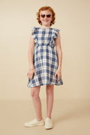 GY7393 Blue Girls Gauze Textured Flannel Print Ruffled Dress Full Body