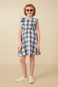 GY7393 Blue Girls Gauze Textured Flannel Print Ruffled Dress Full Body