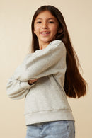 GY7429 Heather Grey Girls Smile Text Cropped French Terry Top Side