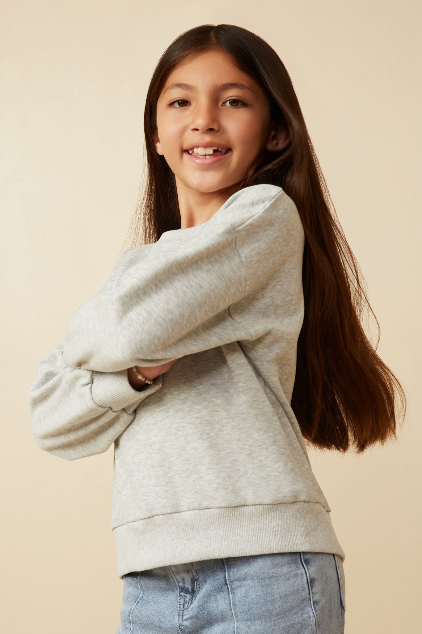 GY7429 Heather Grey Girls Smile Text Cropped French Terry Top Side