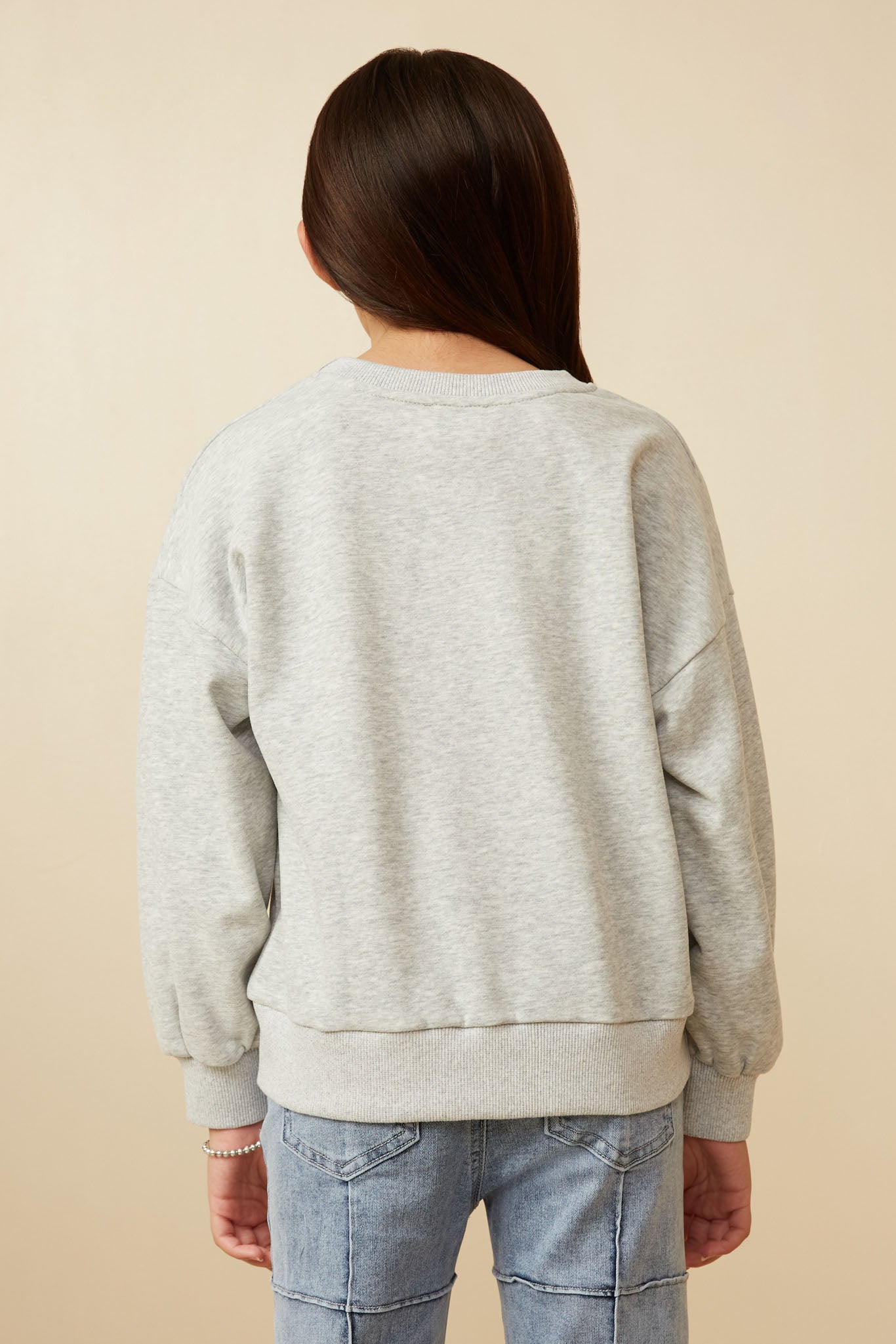 GY7429 Heather Grey Girls Smile Text Cropped French Terry Top Back